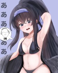  absurdres alternate_costume arms_above_head bare_shoulders bikini bikini_bottom bikini_top black_hair blue_archive blue_eyes blush breasts cleavage costume english_text femsub midriff navel possession purple_background sensei_(blue_archive) simple_background swimsuit text ui_(blue_archive) very_long_hair yang_yang 