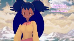  black_hair clothed crossed_arms dialogue english_text female_only iris mustardsauce outdoors pokemon pokemon_(anime) red_eyes solo text 