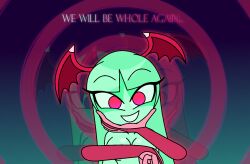 alternate_color_scheme aura bare_shoulders breasts capcom chin_hold cleavage darkstalkers dialogue empty_eyes english_text eye_color_change female_only femdom femsub green_hair green_skin happy_trance hypnoscream lilith_aensland looking_at_viewer morrigan_aensland red_eyes red_skin smile spiral_background succubus text very_long_hair wings