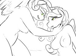  blush bottomless breasts curly_hair cyan_hair dazed female_only femdom femsub furry glacierclear glowing glowing_eyes greyscale hand_on_another&#039;s_cheek horns horse_girl hypnotic_eyes large_breasts long_hair my_little_pony nude pegasus_girl princess princess_cadance queen_chrysalis ring_eyes topless unicorn_girl wings 