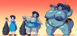 akane_tendo bbw blue_hair blue_skin breast_expansion corruption fat femsub huge_breasts monster_girl nude oni_girl prinnydood ranma_1/2 sequence ssbbw transformation weight_gain