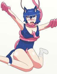  ahegao animal_ears blue_hair blush brain_injection cat_ears cat_girl cat_tail dkraider drool empty_eyes expressionless kneeling neko_(dkraider) one-piece_swimsuit open_mouth short_hair swimsuit tail tentacles tongue tongue_out 