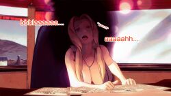 aware blonde_hair brown_eyes clothed dialogue dogdog english_text female_only hypnotic_accessory naruto_(series) necklace open_mouth resisting smoke solo text tongue tongue_out tsunade