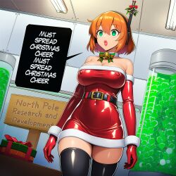ai_art antenna bell belt bow empty_eyes english_text expressionless femsub gift gloves glowing_eyes green_eyes hellsing002_(generator) large_breasts latex lipstick makeup mantra mistletoe navel nipples orange_hair santa_costume sign speech_bubble tech_control
