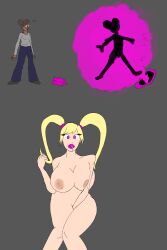  before_and_after bimbofication blonde_hair bottomless brain_drain breast_expansion breasts brown_hair comic dark_skin drool expressionless female_only femsub huge_breasts long_hair open_mouth sasirre short_hair spiral_eyes symbol_in_eyes topless western 