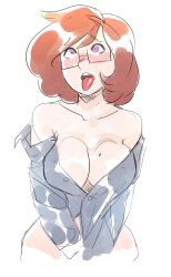 ahegao blush bottomless breasts brellom brells_(brellom) brown_hair cleavage eye_roll female_only femsub large_breasts open_mouth open_shirt original purple_eyes short_hair solo spiral_eyes symbol_in_eyes tongue tongue_out