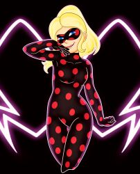 absurdres blonde_hair blue_eyes breasts chloe_bourgeois collarbone corruption evil_smile lipstick mask miraculous_ladybug papoilademare ponytail small_breasts smile super_hero