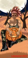  boots camila_(the_mad_prince) cleavage femsub halloween happy_trance large_breasts lobotomist military_uniform muscle_girl original ponytail pumpkin red_eyes red_hair sitting smile solo tank_top trees 