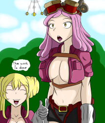 absurdres anthony322 blonde_hair breasts empty_eyes fairy_tail female_only femdom femsub happy_trance large_breasts long_hair lucy_heartfilia mei_hatsume my_hero_academia open_mouth pink_hair short_hair skirt text