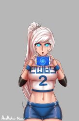 absurdres aestheticc-meme breasts cell_phone female_only femsub gym_uniform hypnotic_screen icontrol_(manipper) large_breasts long_hair looking_at_viewer manip navel open_mouth ponytail rwby shorts solo spiral_eyes symbol_in_eyes weiss_schnee white_hair wrist_band