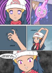  blue_hair clefla dawn_(pokemon) dialogue drool empty_eyes femsub happy_trance hypnotic_accessory long_hair nintendo pokemon possession rotom text 