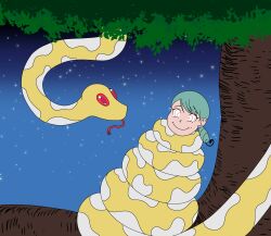 blue_hair braid coils femdom femsub happy_trance jungle katy_(pokemon) kela_(zengo888) milf mole night nintendo original pokemon pokemon_scarlet_and_violet restrained ring_eyes smile snake tongue tongue_out zero2hero54