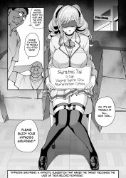  absurdres age_difference ahoge alternate_costume arms_above_head bald comic dialogue greyscale hard_translated huge_breasts hypnosis_girlfriend long_hair prostitution ribbon santa_(artist) school_uniform shiratori_yui sitting skirt sleeping speech_bubble sweat sweater text thighhighs thought_bubble translated ugly_bastard unaware 