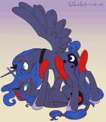 animals_only blue_eyes blue_hair bottomless female_only femdom femsub glowing glowing_eyes hooves horns horse long_hair magic manip my_little_pony non-human_feet nude open_mouth princess_luna pussy pussy_juice selfcest tongue tongue_out topless unicorn western wings yuri