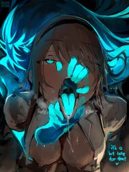  alterkyon anus blue_eyes blush breasts breasts_outside brown_eyes brown_hair dazed drool elf_ears empty_eyes english_text eye_color_change femdom femsub ghost ghost_girl glowing_eyes hair_covering_one_eye long_hair nipples open_mouth original possession shirt text tongue tongue_out 