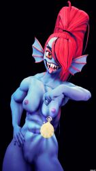 3d absurdres blue_skin bottomless breasts elf_ears eyepatch fangs femdom fish_girl large_breasts long_hair monster_girl nude open_mouth pendulum pussy red_hair ridley_(artist) shark_girl smile tongue tongue_out topless undertale undyne_(undertale) yellow_eyes
