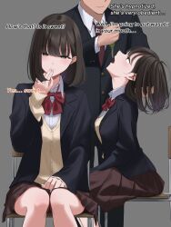  altered_perception bangs blush bow breasts brown_eyes brown_hair chair comic consensual dialogue empty_eyes expressionless femsub finger_to_mouth food hand_on_head happy_trance hard_translated maledom multiple_views open_mouth original school_uniform sitting skirt smile student text tie utsuro_butai 