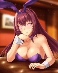  breasts bunny_ears bunnysuit cleavage cuffs fake_animal_ears fate/grand_order fate_(series) female_only femsub glowing glowing_eyes happy_trance icontrol_(manipper) large_breasts long_hair looking_at_viewer manip purple_hair rj scathach_(fate/grand_order) smile solo spiral_eyes symbol_in_eyes 