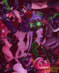  3d bottomless callie_(splatoon) dubious_butter enemy_conversion femsub fingering hypnoshades hypnotic_accessory hypnotic_gas hypnotic_screen marie_(splatoon) multiple_girls nintendo nipples nude octoling on_back one_breast_out orgy splatoon squid_sisters tattoo underboob visor yuri 