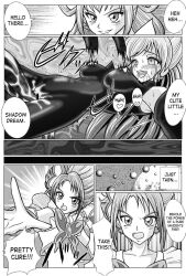  breast_expansion breasts comic corruption cure_dream cure_rouge dark_dream_(precure) female_only femdom femsub greyscale happy_trance nozomi_yumehara orgasm precure red_hair right_to_left rin_natsuki suit text yes!_precure_5 
