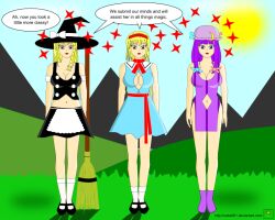 alice_margatroid alternate_costume blonde_hair dialogue empty_eyes femsub large_breasts long_hair marisa_kirisame multiple_girls multiple_subs nabs001 patchouli_knowledge purple_hair spiral_eyes text touhou