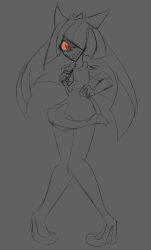  androgynous_dom bare_shoulders black_eyes breast_fondling breasts clothed eye_color_change femsub gengar grey_background hair_covering_one_eye high_heels hiyaa leggings long_hair lusamine milf monochrome nintendo pokemon pokemon_red_green_blue_and_yellow pokemon_sun_and_moon possession red_sclera simple_background slit_pupils smile standing 