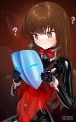 alternate_costume androgynous_dom blue_eyes blush bodysuit brown_hair clothed confused costume crossover fate/extra fate_(series) femsub glowing glowing_eyes hakuno_kishinami_(female) hypnotic_mask latex living_costume long_hair maguro27 mask navel persona_(series) persona_5 shadow_bunny spiral spiral_eyes symbol tight_clothing