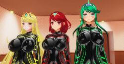  3d alternate_costume before_and_after blonde_hair bodysuit breasts custom_maid_3d_2 cyber-sexaroid_(dndniwana3s) earrings empty_eyes erect_nipples erect_nipples_under_clothes expressionless female_only femsub green_eyes green_hair hair_ornament hidoi_koto_suru_man huge_breasts latex long_hair multiple_girls multiple_subs mythra_(xenoblade) nintendo pneuma_(xenoblade) ponytail pyra_(xenoblade) red_eyes red_hair rubber short_hair standing standing_at_attention xenoblade_chronicles xenoblade_chronicles_2 yellow_eyes 