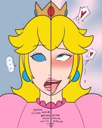 ahegao blonde_hair blue_eyes blush crown drool eye_roll female_only femsub happy_trance nintendo open_mouth princess princess_peach smile solo spiral_eyes super_mario_bros. symbol_in_eyes text tongue tongue_out xxxx52 