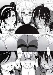 ass dialogue eitarou empty_eyes femsub fumino_furuhashi glasses happy_trance large_breasts long_hair monochrome ogata_rizu short_hair takemoto_uruka text we_never_learn yuiga_nariyuki