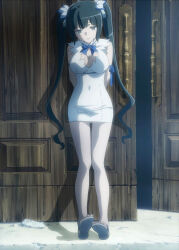  absurdres arms_behind_back bangs bare_legs black_hair bow_tie breasts cleavage dress empty_eyes feet female_only femsub goddess hair_ornament hestia is_it_wrong_to_try_to_pick_up_girls_in_a_dungeon? ivatent_(manipper) manip outdoors sandals standing straight-cut_bangs thigh_gap torn_clothes twintails very_long_hair 
