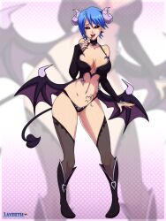 aqua_(kingdom_hearts) blue_hair breasts cleavage corruption demon_girl femsub fingerless_gloves gloves horns kingdom_hearts kingdom_hearts_birth_by_sleep large_breasts layerth makeup monster_girl open_mouth solo succubus tail wings