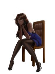 accidental_hypnosis alesha_(zko) brown_eyes brown_hair chair dark_skin dress female_only femsub high_heels jewelry knees_together legs long_hair open_mouth original sitting thighhighs zko