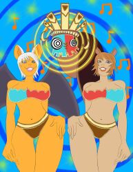 alternate_costume animal_ears bikini collarbone donkey_kong_(series) furry hand_on_hip happy_trance hypnotic_music large_hips light_skin marvel_comics multiple_girls multiple_subs navel nintendo orange_hair rouge_the_bat short_hair smile sonic_the_hedgehog_(series) spiral spiral_background spiral_eyes spiralwash_eyes squirrel_girl squirrel_girl_(marvel) tan_skin thigh_gap tiki_tak_tribe white_hair wings