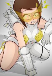 angewomon bandai_namco bare_legs bare_shoulders breasts brown_hair digimon digimon_adventure_02 disguised_hypnotist english_text femsub kari_kamiya kneeling large_breasts leaning_forward legs robot_girl robotization short_hair shrunken_irises simple_background sitting tech_control text thighs unhappy_trance visor white_background