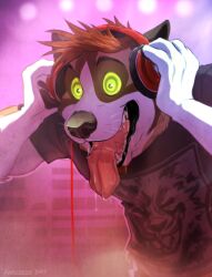 aerosocks brown_hair dog_boy drool furry glowing glowing_eyes green_eyes hand_on_head headphones hypnotic_audio male_only malesub open_mouth ring_eyes short_hair tech_control tongue tongue_out
