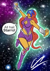 alien_girl carlo_robb_(artist) carlo_robb_(colorist) comic dc_comics english_text female_only femsub long_hair possession red_hair speech_bubble starfire starro super_hero text