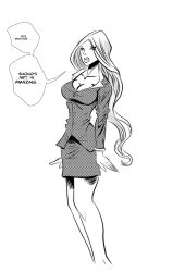 breasts empty_eyes expressionless female_only femsub greyscale large_breasts long_hair maledom monochrome original shono solo standing standing_at_attention text