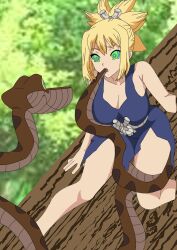  bare_legs blonde_hair cleavage coils disney dr._stone femsub forest hair_ornament kaa kaa_eyes kohaku_(dr._stone) large_breasts maledom open_mouth outdoors pikname45 ponytail short_hair smile snake standing the_jungle_book 