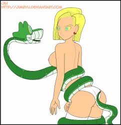  android_18 animated animated_eyes_only animated_gif ass_rub blonde_hair breasts coils disney dragon_ball female_only femsub happy_trance hypnotic_eyes jimryu kaa kaa_eyes large_breasts nipples panties short_hair snake the_jungle_book thighhighs topless underwear 