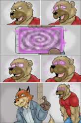 bear_boy before_and_after comic cyberklaw fox_boy furry happy_trance hypnotic_screen male_only maledom malesub muscle_boy open_mouth original phone spiral spiral_eyes symbol_in_eyes