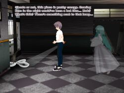 3d brown_hair cyan_hair dress flamekin flashlight ghost_girl jeans long_hair shirt short_hair sneakers text