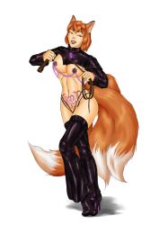 absurdres animal_ears breasts clothed_exposure collar evil_smile female_only femsub fox_girl high_heels hypnotized_dom large_breasts latex liliana_(sybella) original purple_eyes red_hair rotem_dishon simple_background smile solo tail tattoo whip