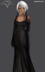  alternate_costume aqua_(kingdom_hearts) aura bare_shoulders corruption dark_skin dress evil_smile eye_color_change femsub hair_color_change kingdom_hearts maledom possession short_hair simple_background white_hair xehanort yellow_eyes zarael08 