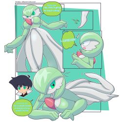  black_hair con_(kyozerozero) dialogue english_text eye_color_change femsub gardevoir green_eyes kyozerozero legs legs_up lying maledom original pokemon pokemon_(creature) pokemon_ruby_sapphire_and_emerald possession short_hair speech_bubble text 