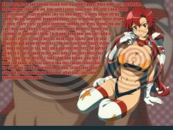 bibla499_(manipper) breasts caption cleavage female_only femdom gurren_lagann hypnotic_breasts large_breasts looking_at_viewer manip pov pov_sub red_hair text yellow_eyes yoko_littner