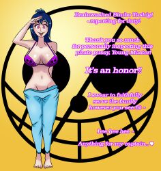  altered_common_sense barefoot blue_hair breasts consensual empty_eyes female_only femsub glowing glowing_eyes happy_trance jeans large_breasts long_hair one_piece onemind open_mouth smile solo standing standing_at_attention tashigi text 