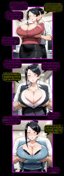 absurdres ai_art black_hair blush bra breast_grab brown_eyes cleavage clothed collarbone comic dialogue earrings english_text femsub financial_domination groping huge_breasts long_hair maledom mole office_lady short_hair single_hair_bun skirt speech_bubble subliminal sweat sweater tagme tech_control text tiechonortheal_(manipper) trembling