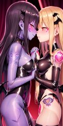  ai_art black_hair blonde_hair blush breast_press crotch_tattoo earrings expressionless female_only femdom femsub gloves glowing_eyes hair_ornament high_heels leotard long_hair looking_at_viewer multiple_girls opera_gloves poi_(generator) rubber smile spiral_eyes succubus tattoo thighhighs wings yellow_eyes yuri 
