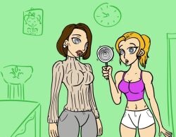 accidental_hypnosis blonde_hair brown_hair dazed drool expressionless female_only femdom femsub hypnotic_spiral hypnotized_hypnotist luckylamp makeup midriff milf mother_and_daughter pants ponytail self_hypnosis short_hair short_shorts spiral_eyes sweater symbol_in_eyes tank_top
